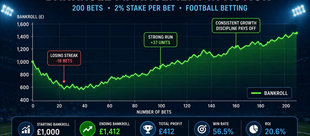 A chart showing an increasing line tracking football betting bankroll